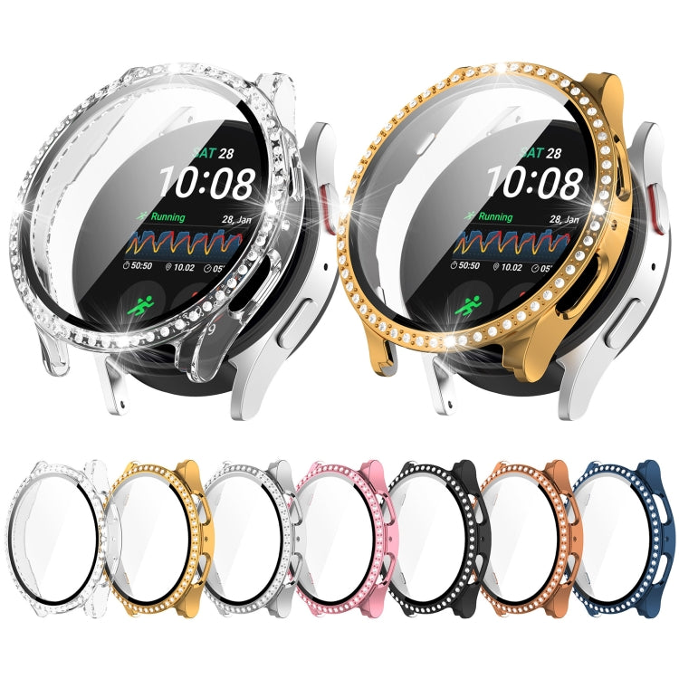 For Samsung Galaxy Watch 7 44mm Single Row Diamond PC + Tempered Film Integrated Watch Protective Case(Silver) - Watch Cases by buy2fix | Online Shopping UK | buy2fix