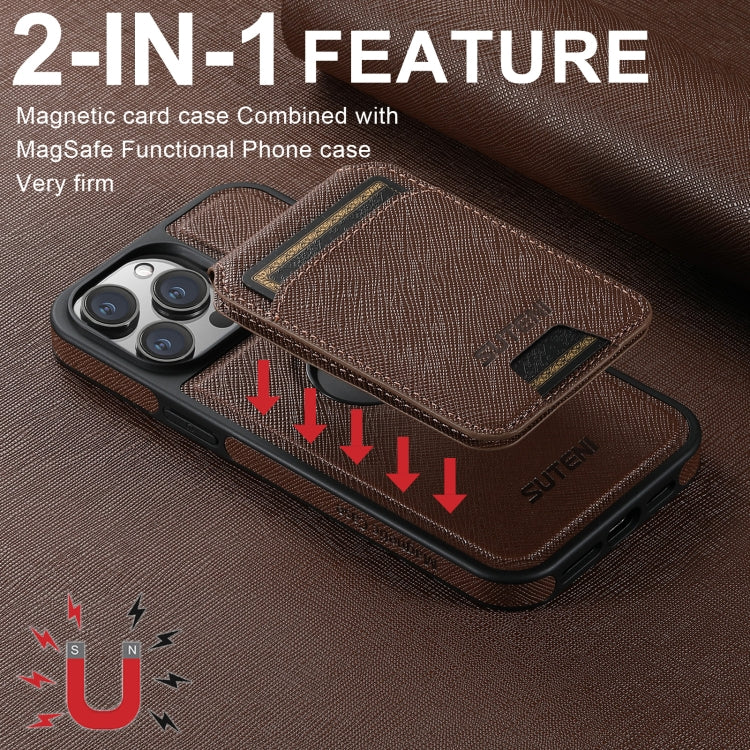 For iPhone 15 Pro Suteni M2 Cross-Grain MagSafe Vertical Card Back Phone Case(Brown) - iPhone 15 Pro Cases by Suteni | Online Shopping UK | buy2fix