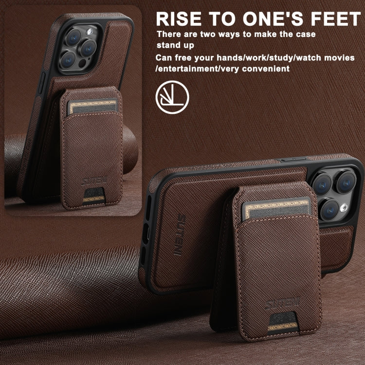 For iPhone 14 Pro Max Suteni M2 Cross-Grain MagSafe Vertical Card Back Phone Case(Brown) - iPhone 14 Pro Max Cases by Suteni | Online Shopping UK | buy2fix