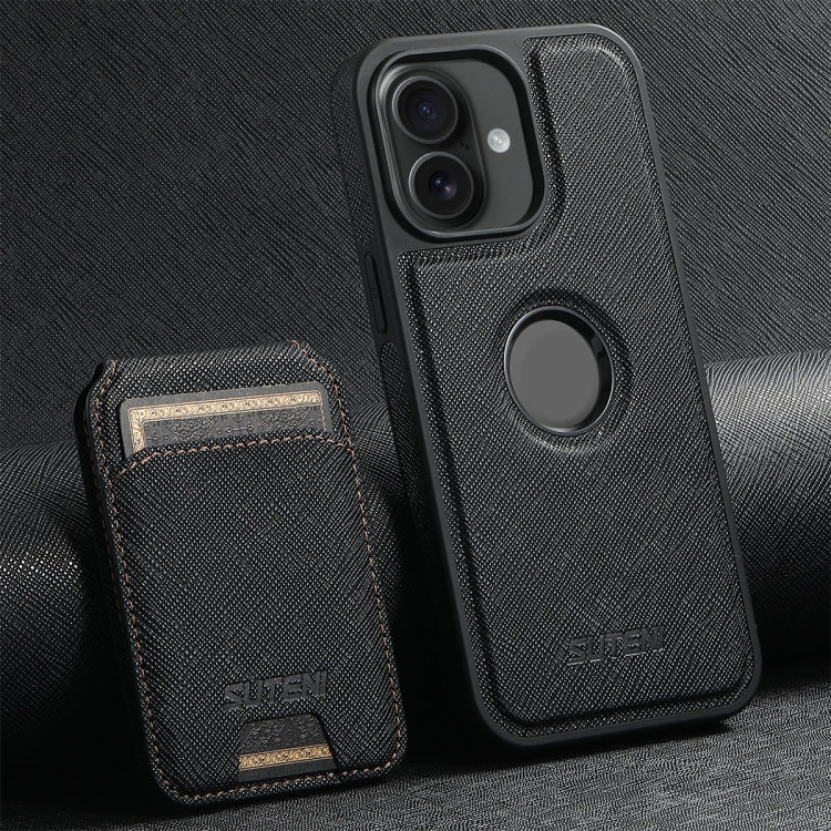 For iPhone 16 Suteni M2 Cross-Grain MagSafe Vertical Card Back Phone Case(Black) - iPhone 16 Cases by Suteni | Online Shopping UK | buy2fix