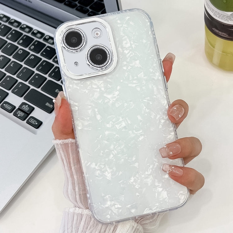 For iPhone 16 Plating Glitter Texture TPU Phone Case with Lens Film(White Shell Grain) - iPhone 16 Plus Cases by buy2fix | Online Shopping UK | buy2fix