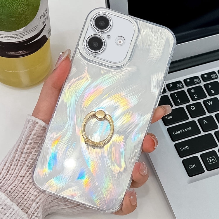 For iPhone 16 Plus Plating Glitter Texture Ring Holder TPU Phone Case with Lens Film(White Feather Yarn) - iPhone 16 Plus Cases by buy2fix | Online Shopping UK | buy2fix