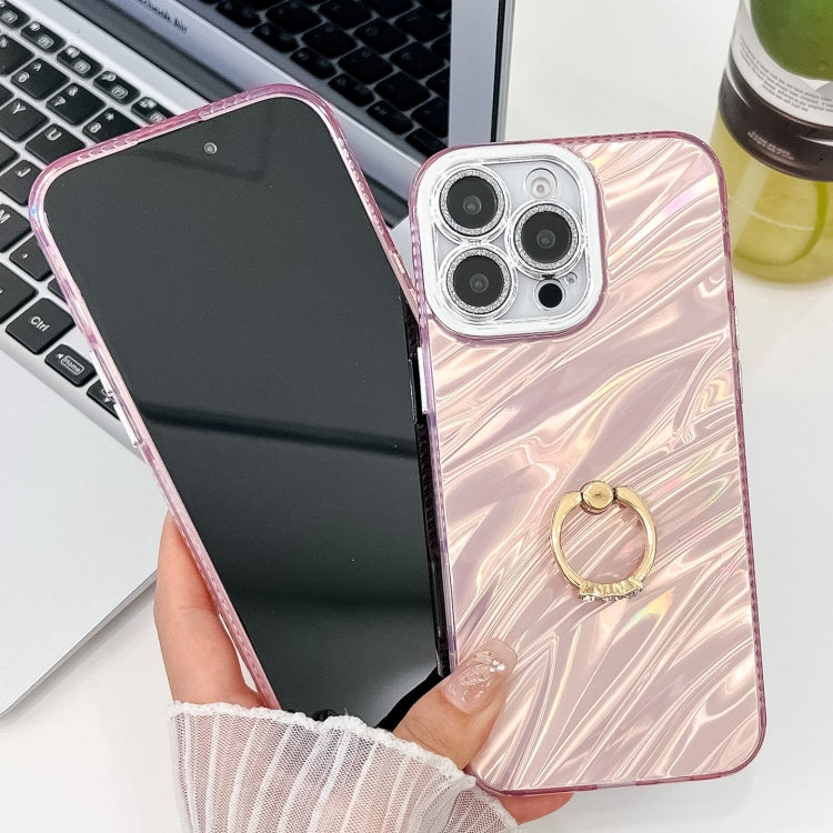 For iPhone 16 Pro Plating Glitter Texture Ring Holder TPU Phone Case with Lens Film(Pink Wrinkles) - More iPhone Cases by buy2fix | Online Shopping UK | buy2fix