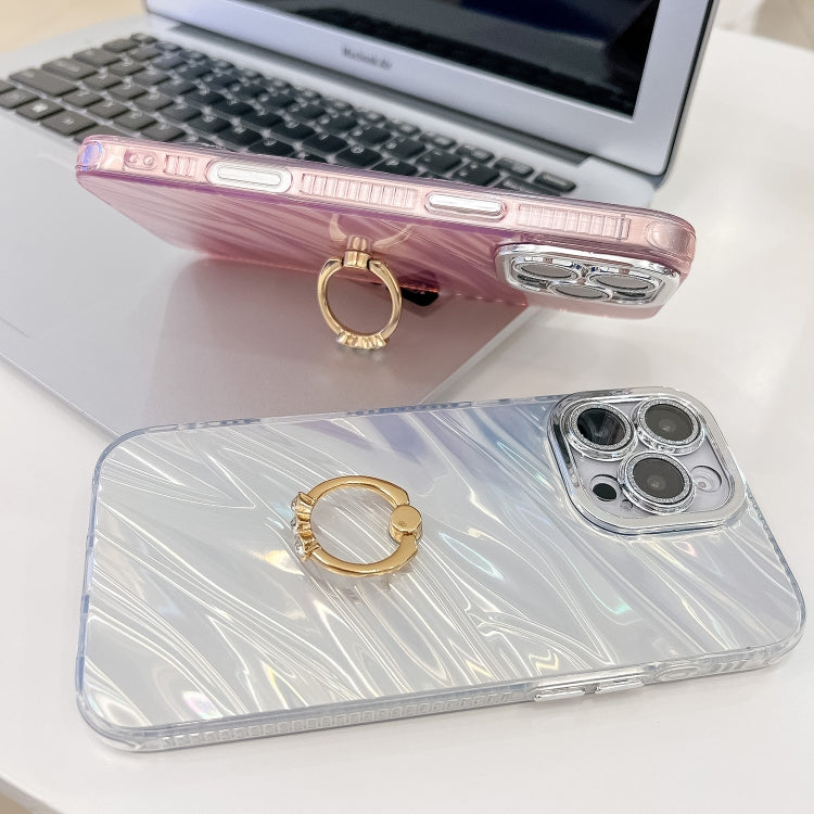 For iPhone 16 Plus Plating Glitter Texture Ring Holder TPU Phone Case with Lens Film(White Feather Yarn) - iPhone 16 Plus Cases by buy2fix | Online Shopping UK | buy2fix