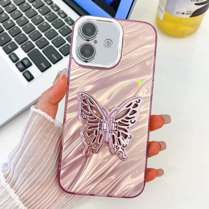 For iPhone 16 Plus Plating Glitter Texture Butterfly Holder TPU Phone Case with Lens Film(Pink Water Ripples) - iPhone 16 Plus Cases by buy2fix | Online Shopping UK | buy2fix