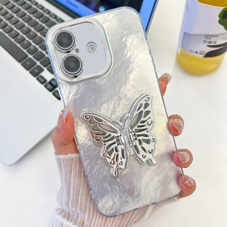 For iPhone 16 Plating Glitter Texture Butterfly Holder TPU Phone Case with Lens Film(White Tinfoil Texture) - iPhone 16 Cases by buy2fix | Online Shopping UK | buy2fix