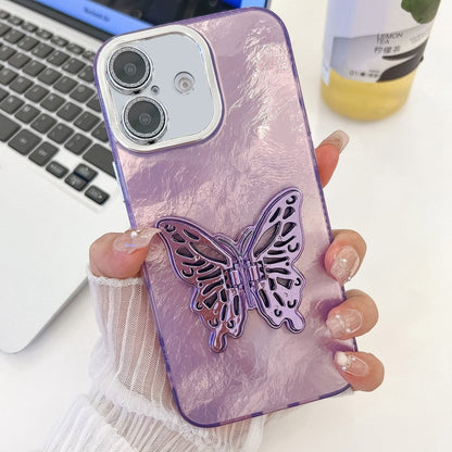 For iPhone 16 Plating Glitter Texture Butterfly Holder TPU Phone Case with Lens Film(Purple Tinfoil Texture) - iPhone 16 Cases by buy2fix | Online Shopping UK | buy2fix