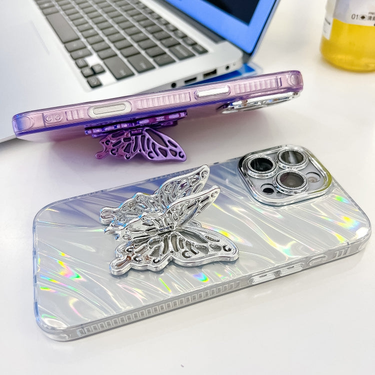 For iPhone 16 Pro Max Plating Glitter Texture Butterfly Holder TPU Phone Case with Lens Film(White Wrinkles) - iPhone 16 Pro Max Cases by buy2fix | Online Shopping UK | buy2fix