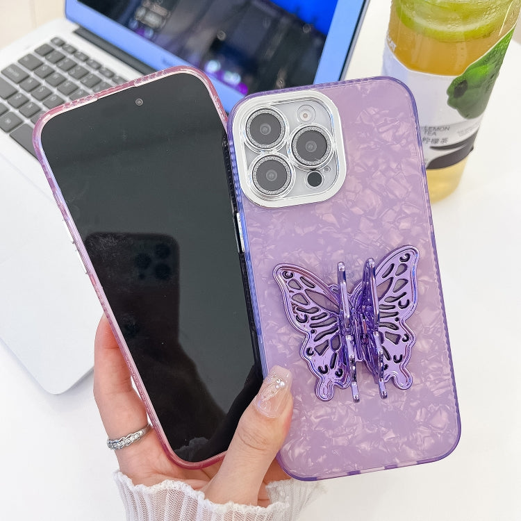 For iPhone 16 Plating Glitter Texture Butterfly Holder TPU Phone Case with Lens Film(Purple Water Ripples) - iPhone 16 Cases by buy2fix | Online Shopping UK | buy2fix