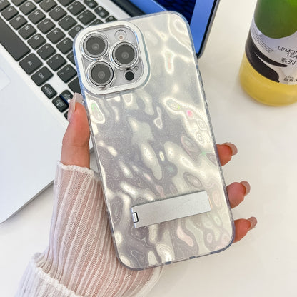 For iPhone 16 Pro Max Plating Glitter Texture Fold Holder TPU Phone Case with Lens Film(White Wrinkles) - iPhone 16 Pro Max Cases by buy2fix | Online Shopping UK | buy2fix