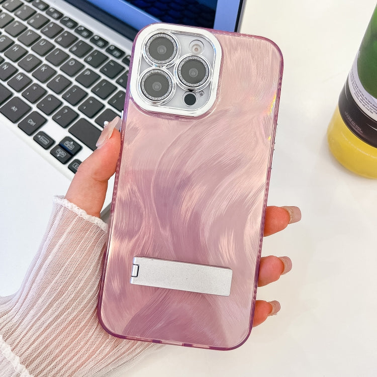 For iPhone 16 Pro Plating Glitter Texture Fold Holder TPU Phone Case with Lens Film(Pink Feather Yarn) - iPhone 16 Pro Cases by buy2fix | Online Shopping UK | buy2fix