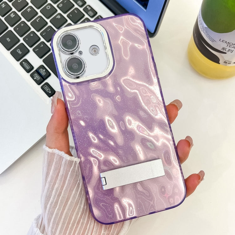 For iPhone 16 Plus Plating Glitter Texture Fold Holder TPU Phone Case with Lens Film(Purple Wrinkles) - iPhone 16 Plus Cases by buy2fix | Online Shopping UK | buy2fix