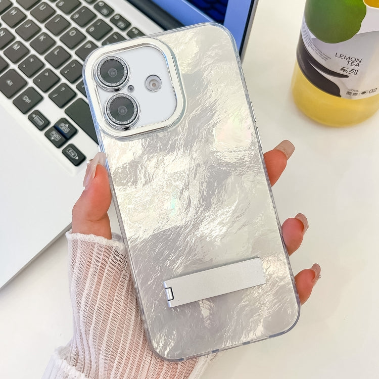 For iPhone 16 Plus Plating Glitter Texture Fold Holder TPU Phone Case with Lens Film(White Tinfoil Texture) - iPhone 16 Plus Cases by buy2fix | Online Shopping UK | buy2fix