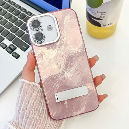 For iPhone 16 Plus Plating Glitter Texture Fold Holder TPU Phone Case with Lens Film(Pink Tinfoil Texture) - iPhone 16 Plus Cases by buy2fix | Online Shopping UK | buy2fix