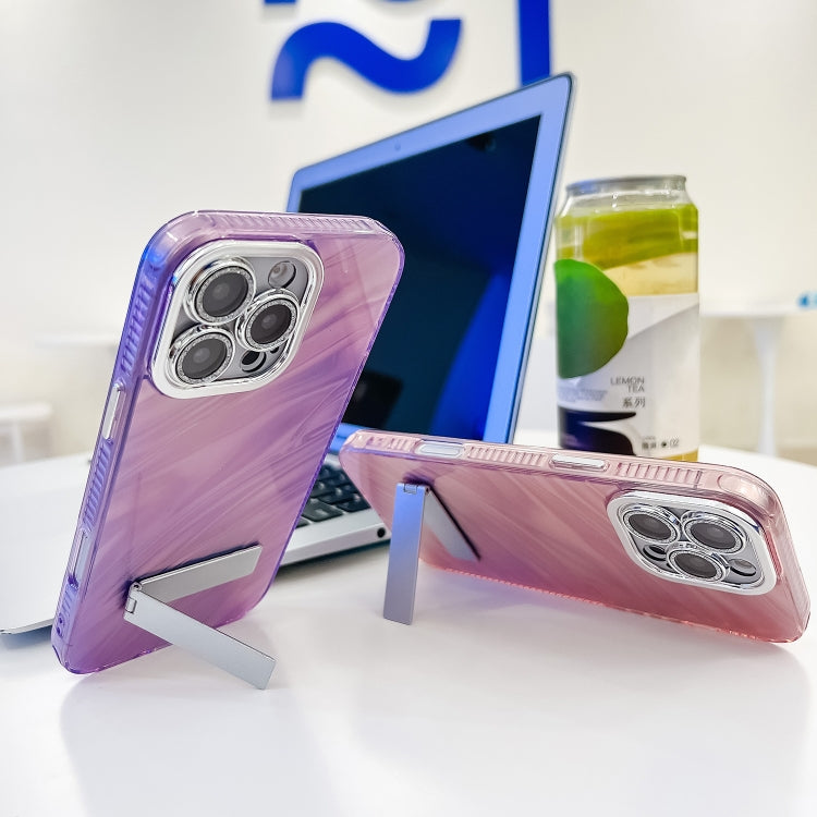 For iPhone 16 Plating Glitter Texture Fold Holder TPU Phone Case with Lens Film(Purple Wrinkles) - iPhone 16 Cases by buy2fix | Online Shopping UK | buy2fix