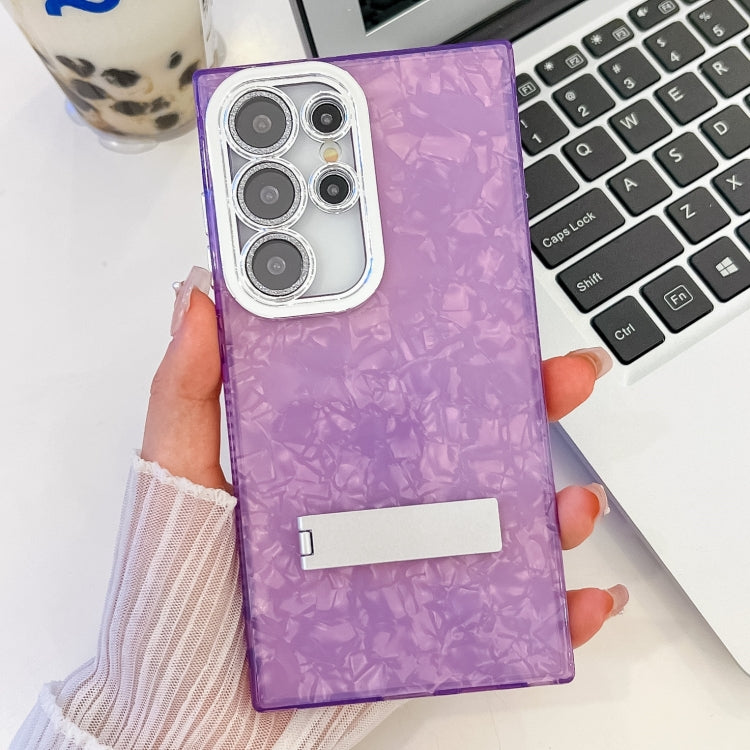 For Samsung Galaxy S25 Ultra 5G Plating Glitter Texture Fold Holder TPU Phone Case with Lens Film(Purple Shell Pattern) - Galaxy S25 Ultra 5G Cases by buy2fix | Online Shopping UK | buy2fix