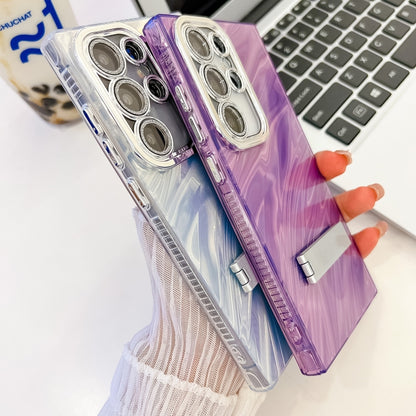 For Samsung Galaxy S25 Ultra 5G Plating Glitter Texture Fold Holder TPU Phone Case with Lens Film(Purple Shell Pattern) - Galaxy S25 Ultra 5G Cases by buy2fix | Online Shopping UK | buy2fix