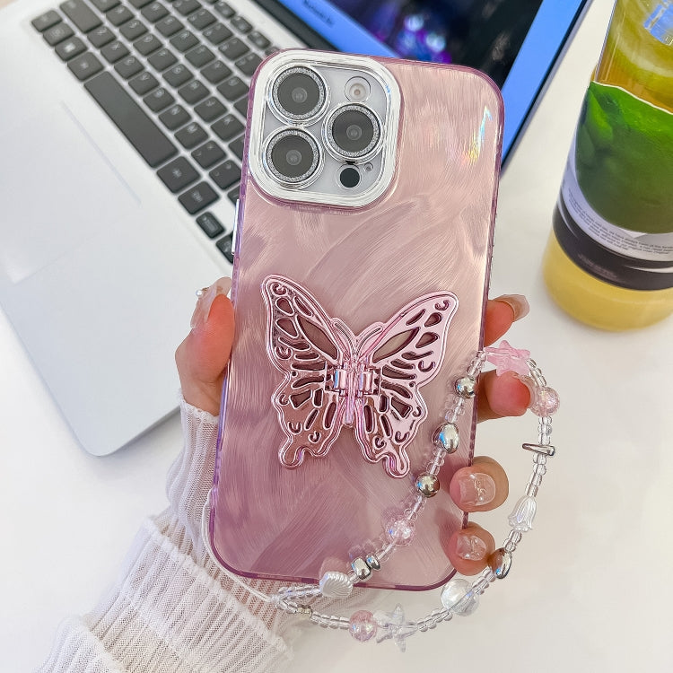 For iPhone 16 Pro Max Plating Glitter Lens Film Texture Butterfly Holder Wristband Phone Case(Pink Feather Yarn) - iPhone 16 Pro Max Cases by buy2fix | Online Shopping UK | buy2fix