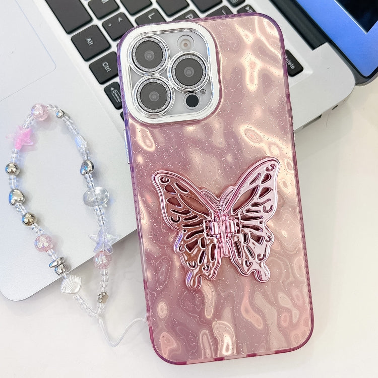 For iPhone 16 Pro Max Plating Glitter Lens Film Texture Butterfly Holder Wristband Phone Case(Pink Wrinkles) - iPhone 16 Pro Max Cases by buy2fix | Online Shopping UK | buy2fix