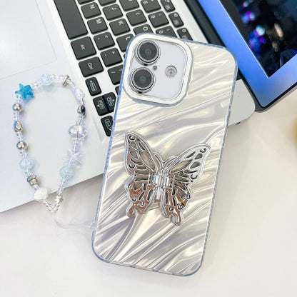 For iPhone 16 Plus Plating Glitter Lens Film Texture Butterfly Holder Wristband Phone Case(White Water Ripples) - iPhone 16 Plus Cases by buy2fix | Online Shopping UK | buy2fix