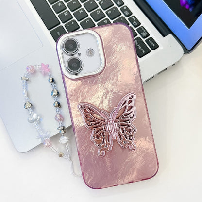 For iPhone 16 Plus Plating Glitter Lens Film Texture Butterfly Holder Wristband Phone Case(Pink Tinfoil Texture) - iPhone 16 Plus Cases by buy2fix | Online Shopping UK | buy2fix