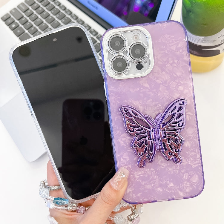 For iPhone 16 Plus Plating Glitter Lens Film Texture Butterfly Holder Wristband Phone Case(White Wrinkles) - iPhone 16 Plus Cases by buy2fix | Online Shopping UK | buy2fix