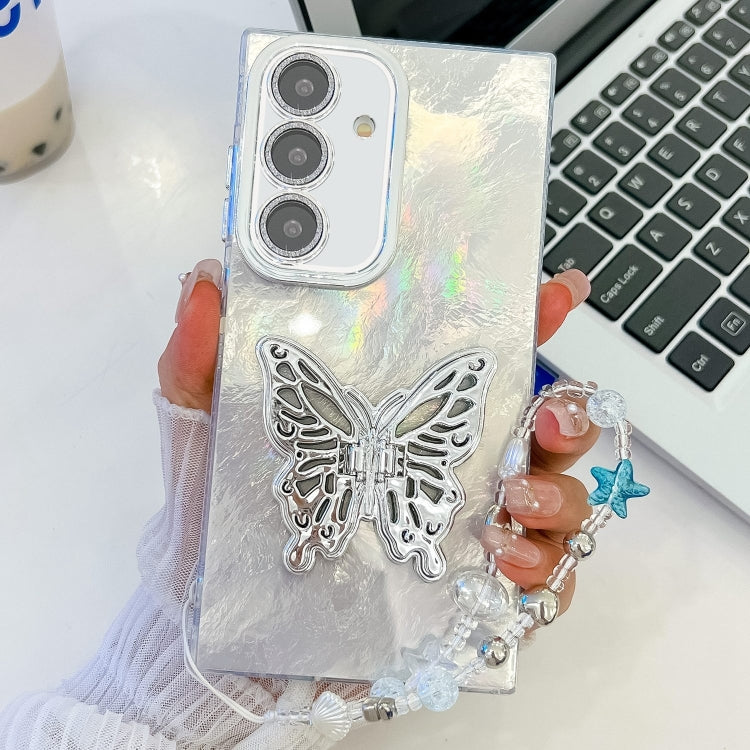 For Samsung Galaxy S25 5G Plating Glitter Lens Film Texture Butterfly Holder Wristband Phone Case(White Tinfoil Texture) - Galaxy S25 5G Cases by buy2fix | Online Shopping UK | buy2fix