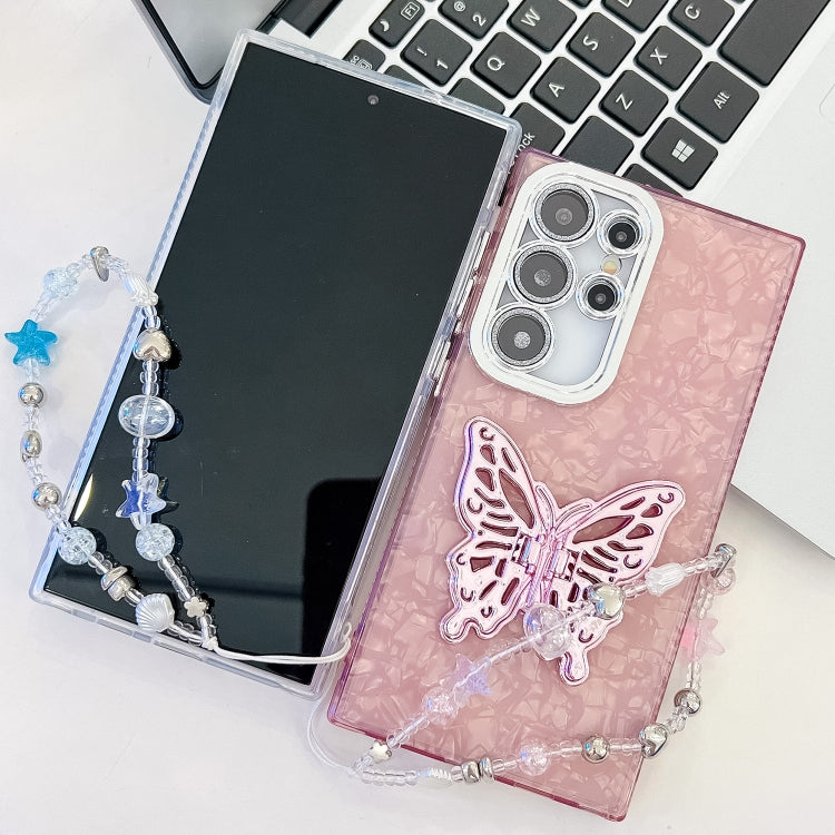 For Samsung Galaxy S25+ 5G Plating Glitter Lens Film Texture Butterfly Holder Wristband Phone Case(Purple Shell Pattern) - Galaxy S25+ 5G Cases by buy2fix | Online Shopping UK | buy2fix