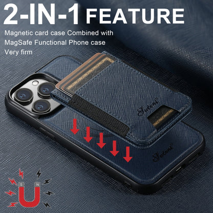 For iPhone 15 Pro Suteni H17 Cross Grain Leather MagSafe Detachable Wallet Phone Case(Blue) - iPhone 15 Pro Cases by Suteni | Online Shopping UK | buy2fix