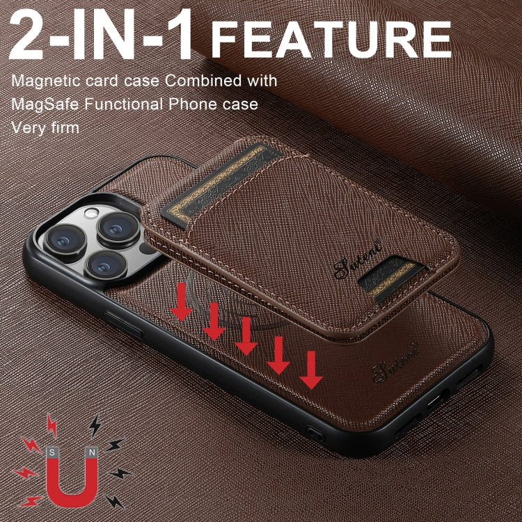 For iPhone 12 Suteni H18 Cross Grain MagSafe Wallet Leather Phone Case(Brown) - iPhone 12 / 12 Pro Cases by Suteni | Online Shopping UK | buy2fix