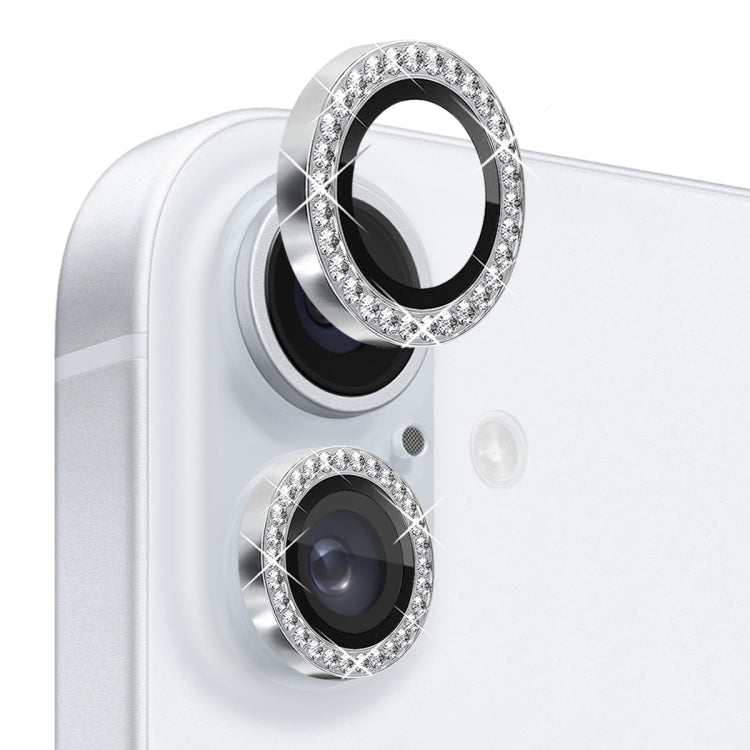 For iPhone 16 / 16 Plus NORTHJO Rhinestone Camera Lens Protector Tempered Glass Metal Ring Film(Silver) - iPhone 16 Tempered Glass by NORTHJO | Online Shopping UK | buy2fix