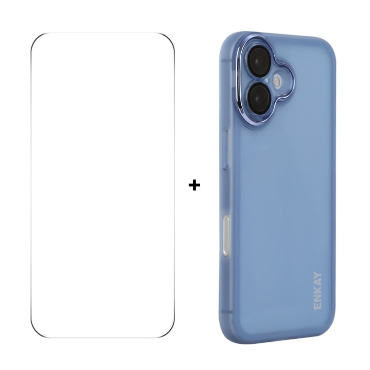 For iPhone 16 Plus ENKAY Hat-Prince Translucent Matte TPU Phone Case with Lens Film + 9H Big Arc Edge Film(Blue) - iPhone 16 Plus Cases by ENKAY | Online Shopping UK | buy2fix