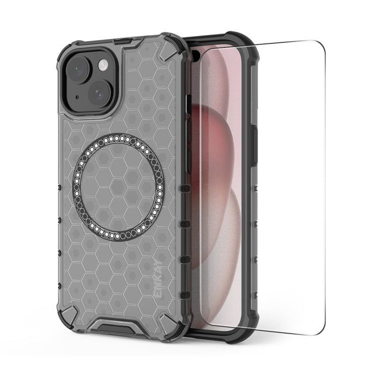 For iPhone 15 Plus ENKAY Hat-Prince Honeycomb MagSafe Shockproof Phone Case with Large Arc Edge Film(Grey) - iPhone 15 Plus Cases by ENKAY | Online Shopping UK | buy2fix