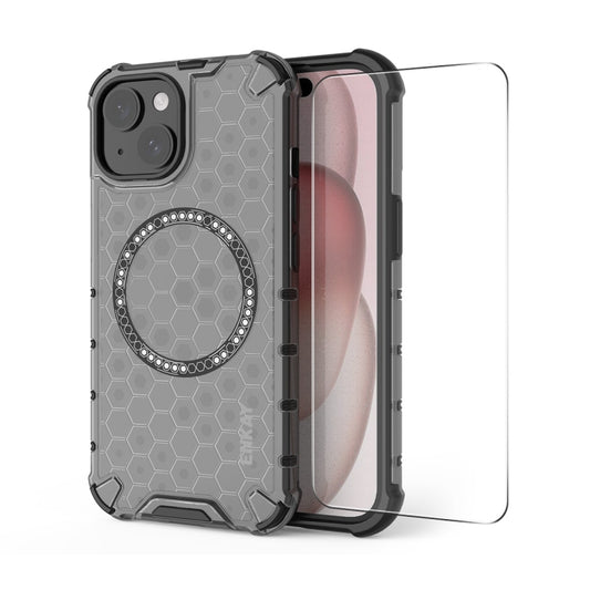 For iPhone 15 Plus ENKAY Hat-Prince Honeycomb MagSafe Shockproof Phone Case with Large Arc Edge Film(Grey) - iPhone 15 Plus Cases by ENKAY | Online Shopping UK | buy2fix