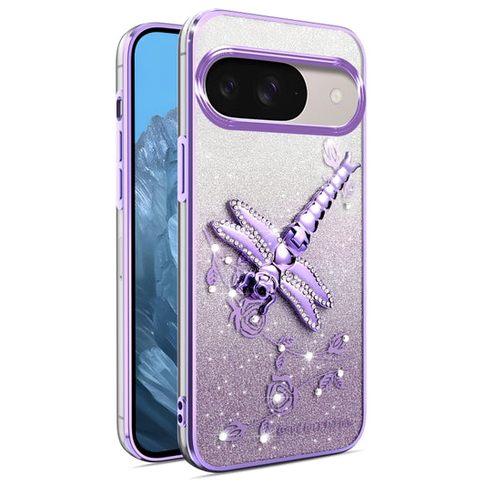 For Google Pixel 9 Gradient Glitter Immortal 3D Dragonfly Holder Plated Phone Case(Purple) - Google Cases by buy2fix | Online Shopping UK | buy2fix