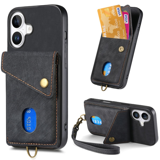 For iPhone 16 Retro Card Wallet Fold Leather Phone Case with Strap(Black) - iPhone 16 Cases by buy2fix | Online Shopping UK | buy2fix