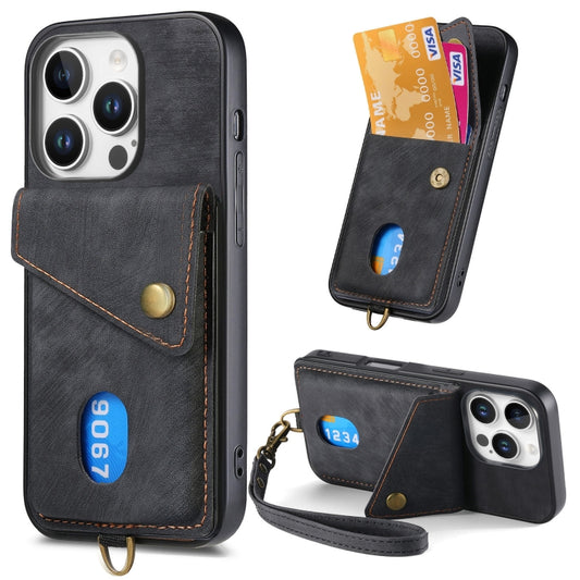 For iPhone 16 Pro Max Retro Card Wallet Fold Leather Phone Case with Strap(Black) - iPhone 16 Pro Max Cases by buy2fix | Online Shopping UK | buy2fix