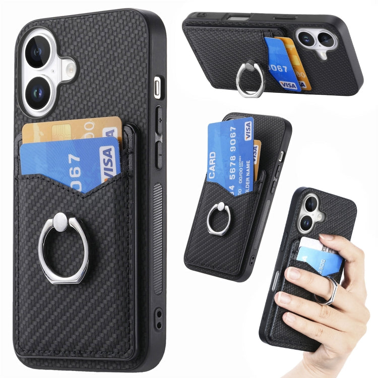 For iPhone 16 Plus Carbon Fiber Card Wallet Ring Phone Case(Black) - iPhone 16 Plus Cases by buy2fix | Online Shopping UK | buy2fix