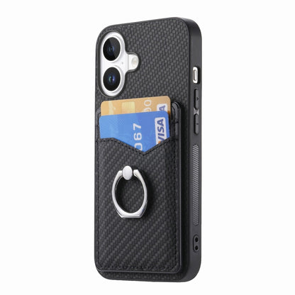 For iPhone 16 Plus Carbon Fiber Card Wallet Ring Phone Case(Black) - iPhone 16 Plus Cases by buy2fix | Online Shopping UK | buy2fix