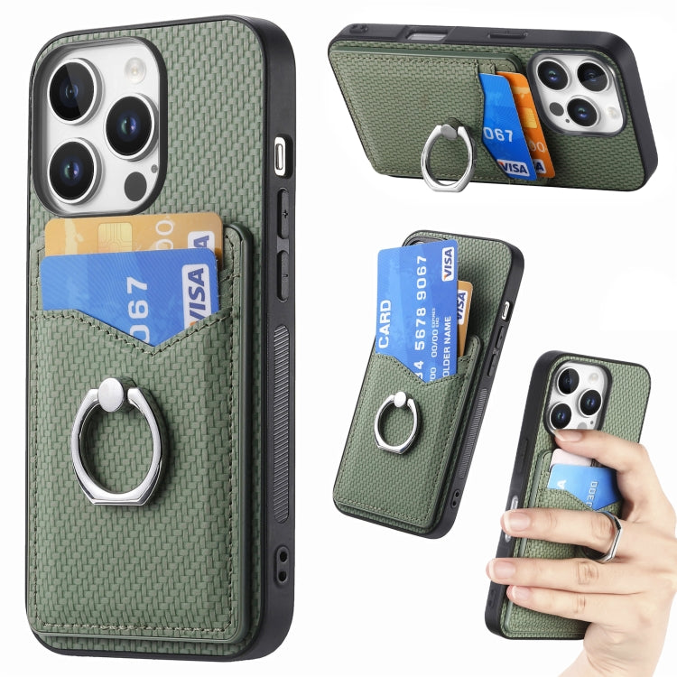 For iPhone 16 Pro Carbon Fiber Card Wallet Ring Phone Case(Green) - iPhone 16 Pro Cases by buy2fix | Online Shopping UK | buy2fix