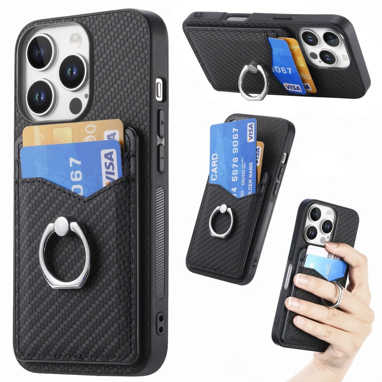 For iPhone 16 Pro Max Carbon Fiber Card Wallet Ring Phone Case(Black) - iPhone 16 Pro Max Cases by buy2fix | Online Shopping UK | buy2fix