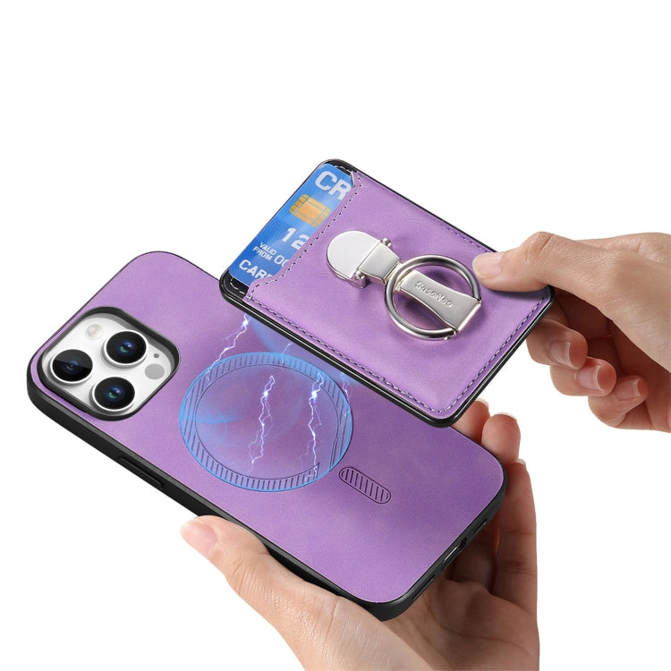 For iPhone 16 Pro Max Retro Folding Ring Holder Card Bag MagSafe Phone Case(Purple) - iPhone 16 Pro Max Cases by buy2fix | Online Shopping UK | buy2fix