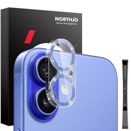 For iPhone 16 / 16 Plus NORTHJO Camera Lens Protector Glitter Ring 3D Tempered Glass Film(Blue) - iPhone 16 Plus Tempered Glass by NORTHJO | Online Shopping UK | buy2fix