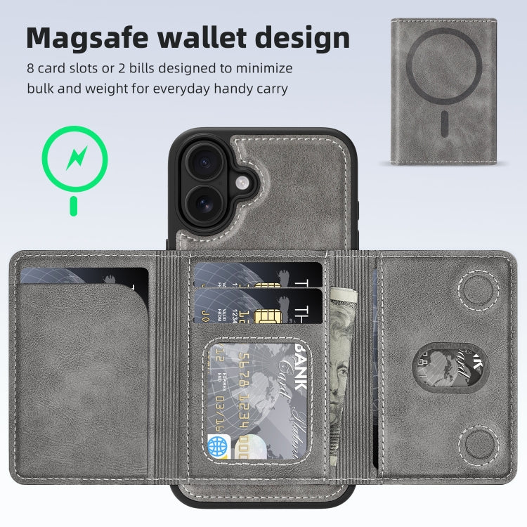 For iPhone 16 Plus Shield Multi-functional MagSafe Card Bag Phone Case(Grey) - iPhone 16 Plus Cases by buy2fix | Online Shopping UK | buy2fix