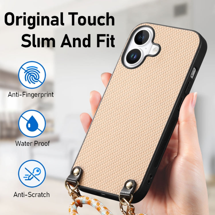 For iPhone 16 Plus Carbon Fiber Texture Leather Back Phone Case with Crossbody Strap(Khaki) - iPhone 16 Plus Cases by buy2fix | Online Shopping UK | buy2fix