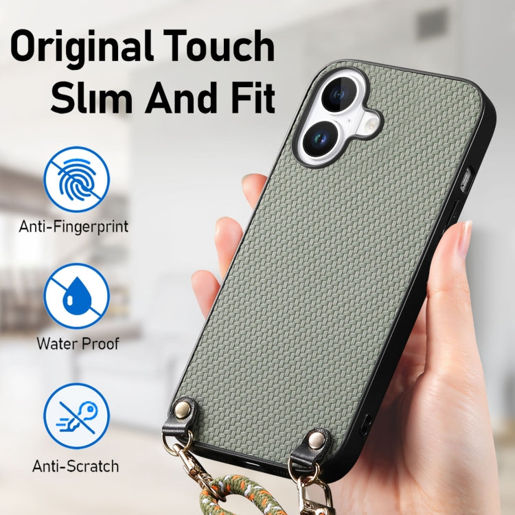 For iPhone 16 Carbon Fiber Texture Leather Back Phone Case with Crossbody Strap(Green) - iPhone 16 Cases by buy2fix | Online Shopping UK | buy2fix