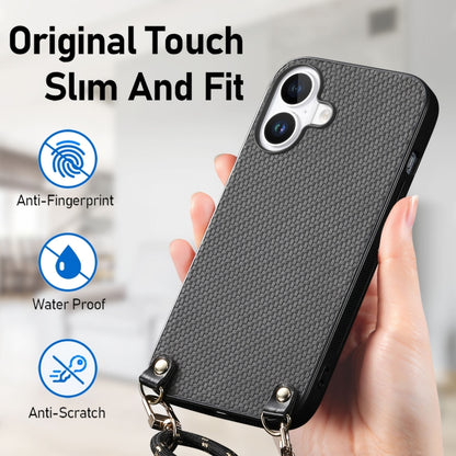 For iPhone 16 Carbon Fiber Texture Leather Back Phone Case with Crossbody Strap(Black) - iPhone 16 Cases by buy2fix | Online Shopping UK | buy2fix