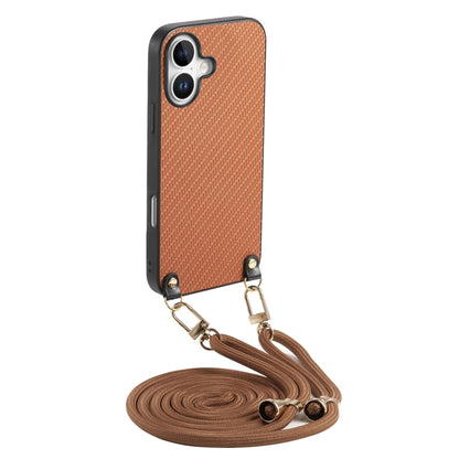 For iPhone 16 Carbon Fiber Texture Leather Back Phone Case with Crossbody Strap(Brown) - iPhone 16 Cases by buy2fix | Online Shopping UK | buy2fix