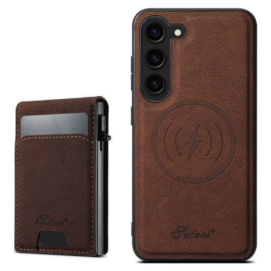 For Samsung Galaxy S23+ 5G Suteni H19 Litchi Texture 2-in-1 MagSafe Removable Card Case Back Phone Case(Brown) - Galaxy S23+ 5G Cases by Suteni | Online Shopping UK | buy2fix