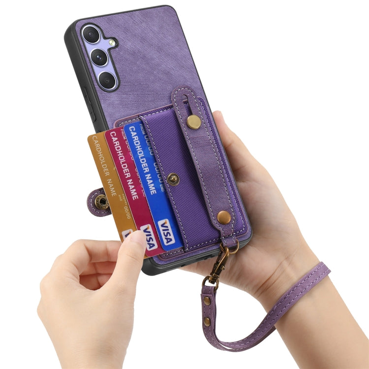 For Samsung Galaxy S25 5G Retro Cross Wristband Wallet Leather Back Phone Case(Purple) - Galaxy S25 5G Cases by buy2fix | Online Shopping UK | buy2fix